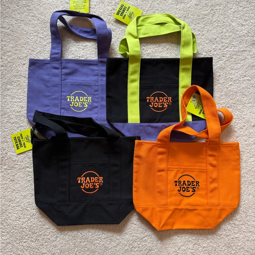 Trader Joe's Purple/Orange/Black/Lime Green Canvas Tote Bags - Set of 4